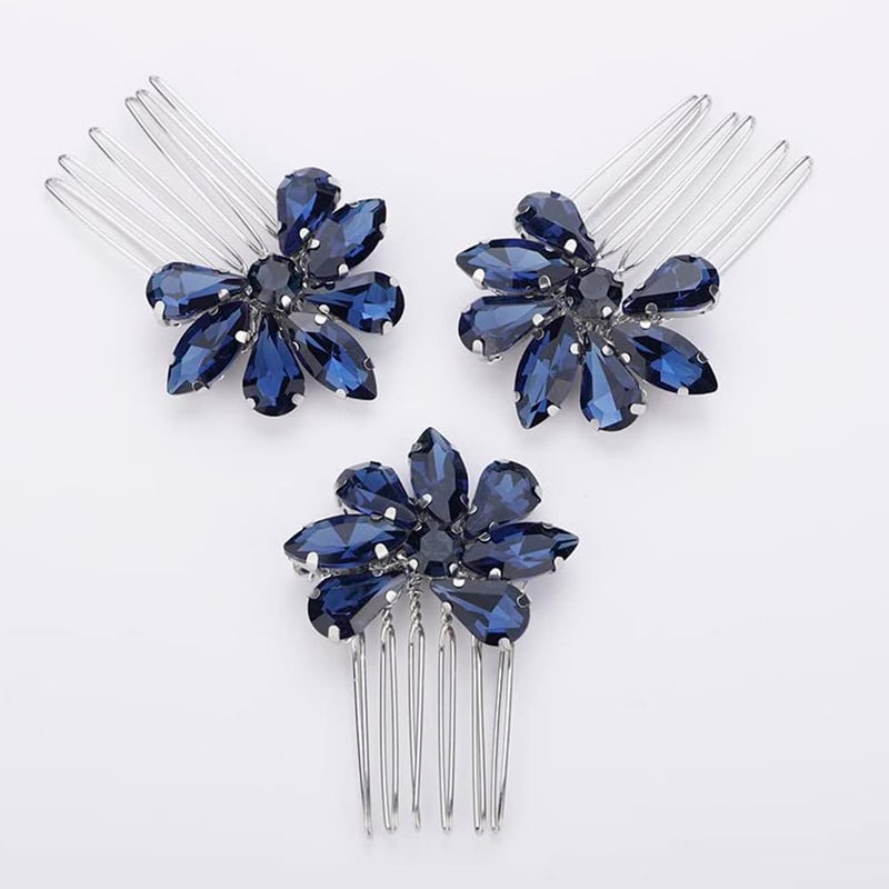 Rumtock 3pcs Blue Rhinestones Hair Comb Set for Wedding Brides Bridesmaid Women Girls Handmade Sparkle Hair Piece Vintage Hair Styling Jewelry (Dark Blue) - Image 1